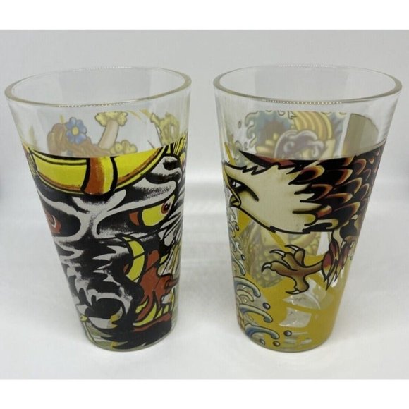 Ed Hardy 16oz Drinking Glass Christian Audigier Mermaid/Eagle & Tiger/Lei Girl - Picture 3 of 11